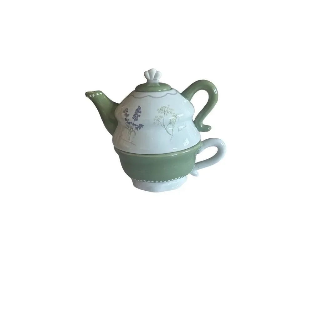 Sonoma Tea set for 1 Stacked Teapot Teacup Herbs Herb Garden 3 pc green…